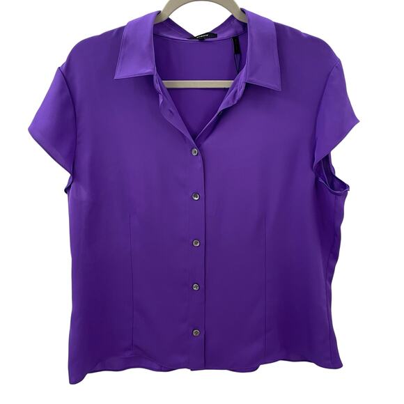 NWT Theory XL Cap Sleeve Blouse Top 100% Silk Georgette Bright Peony Purple - Picture 5 of 13